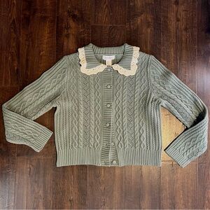 Jessica Simpson Sage Green Cable Knit Cardigan with “Peter Pan” Lace Collar